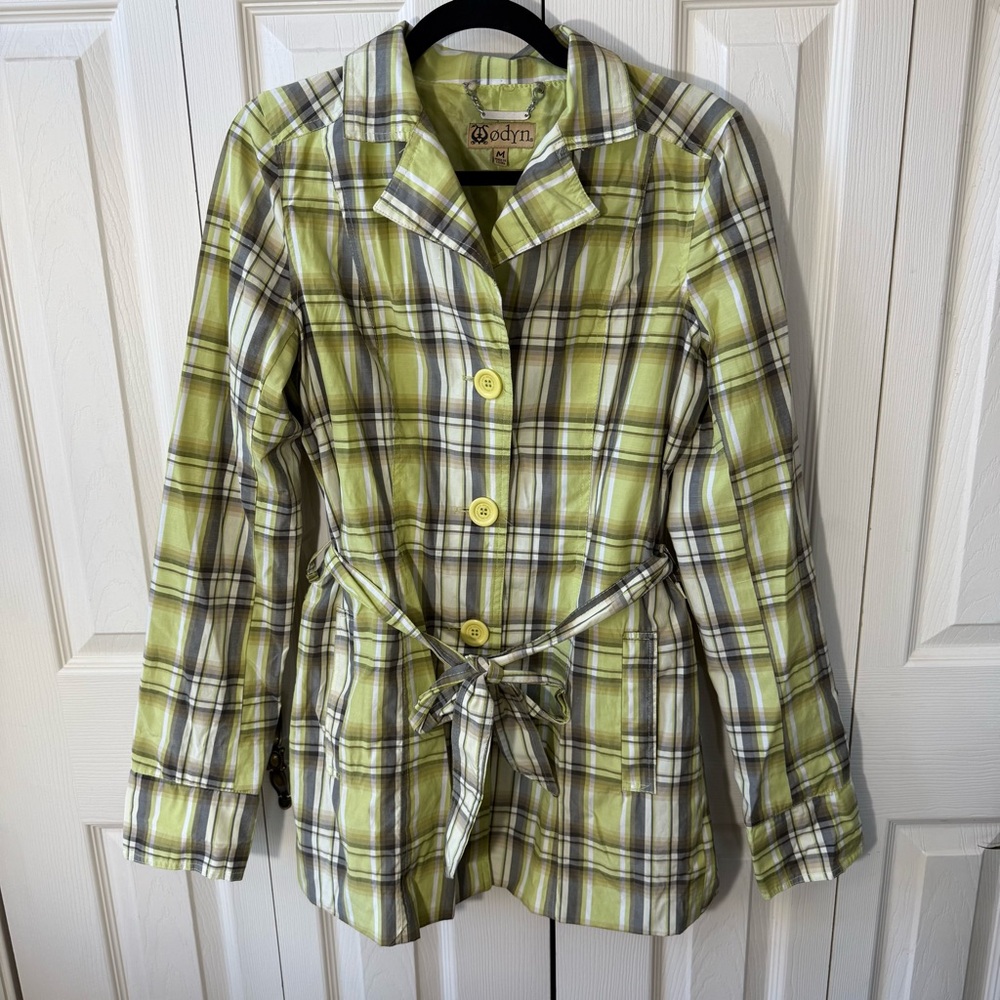 Odyn Waterproof Green Plaid Tie Waist Trench Jacket Women’s Size Medium
